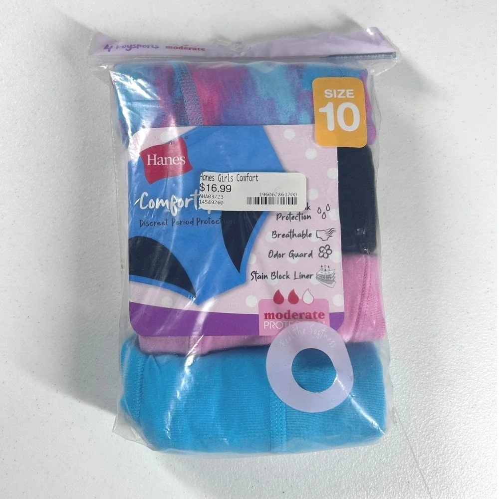 Hanes Girls Underwear 4 Pack Comfort Period Protection Size 10 NEW‎